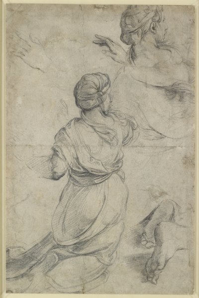 Recto: Studia dla dwóch klęczących kobiet, WA1846.198 (czarna kreda) autorstwa Raphael