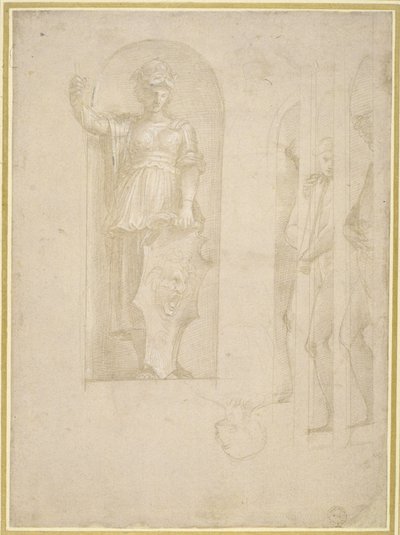 Studia do Figury Minerwy i innych Posągów (silverpoint z białym podwyższeniem na papierze) autorstwa Raphael