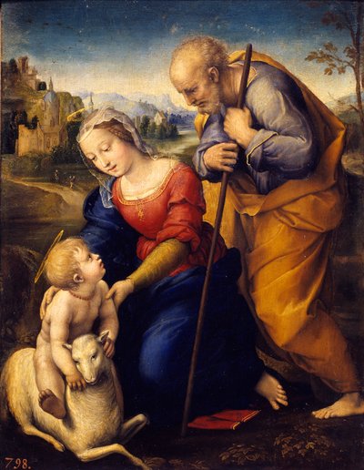 Święta rodzina ma baranka. Obraz Raffaello Sanzio dit Raphael (1483-1520) autorstwa Raphael