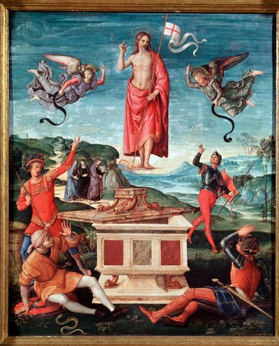 Zmartwychwstanie (Zmartwychwstanie Chrystusa) Jezus Chrystus ma kijowy krzyż na końcu którego unosi się biała flaga (standard) uderza czerwonym krzyżem - Obraz Raffaello Sanzio dit Raphael (1483-1520) 1501-1502 Dim 52x44 cm Sao Paulo, Muzeum Sztuki autorstwa Raphael