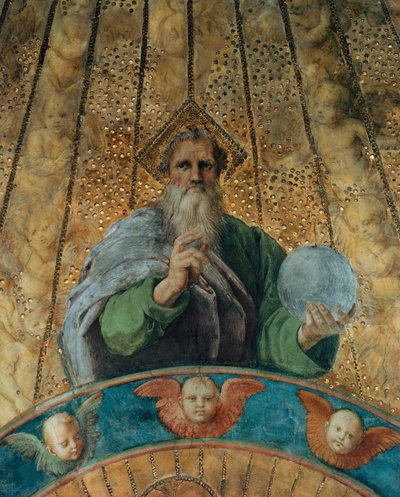 Spór. Szczegół: Bóg Ojciec. Fresk w Stanza della Segnatura, ok. 1510-1511. autorstwa Raphael