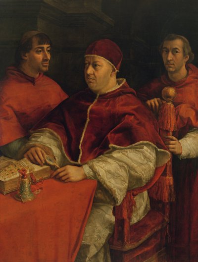 Leon X z kardynałami Giulio de Medici i Luigi de Rossi, 1517-18 autorstwa Raffaello Sanzio Raphael