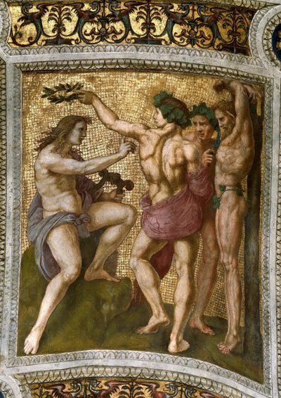 Marsjasz i Apollo. Fresk na suficie w Stanza della Segnatura, ok. 1510-1511. autorstwa Raphael