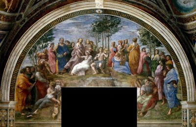 Fresk Parnasu w Stanza della Segnatura, ok. 1510-1511. autorstwa Raphael