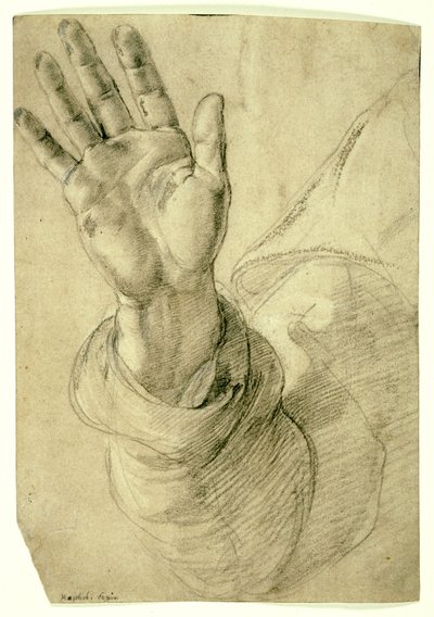 Uniesiona prawa ręka, z dłonią skierowaną na zewnątrz: Studium św. Piotra, 1518-20 autorstwa Raphael