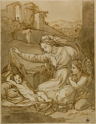 Dziewica i śpiące Dzieciątko Jezus z Dzieciątkiem Jan Chrzciciel autorstwa Raphael