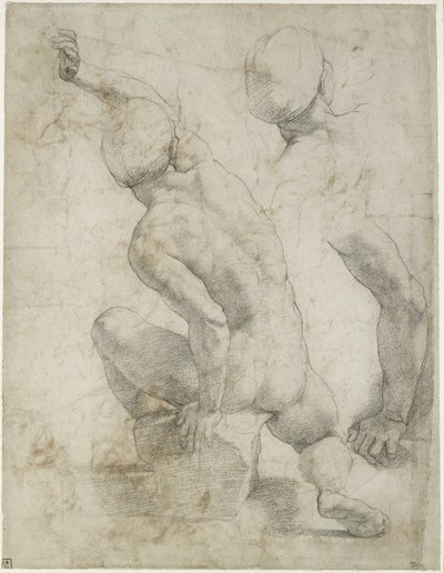 Recto: Nagi mężczyzna siedzący na kamieniu, WA1846.200 (czarna kreda na złamanym białym papierze) autorstwa Raffaello Sanzio Raphael