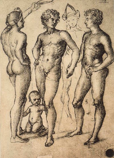 Studium czterech postaci męskich i niemowlęcia; rysunek Rafaela. Gallerie dellAccademia, Wenecja autorstwa Raffaello Sanzio Raphael