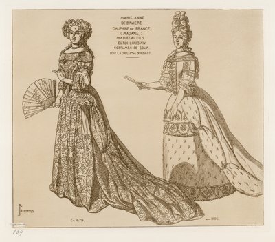 Stroje dworskie. Marie Anne de Baviere, Dauphine z Francji, poślubiła syna króla Ludwika XIV. Po grafice w kolekcji Bonnart. autorstwa Raphael Jacquemin