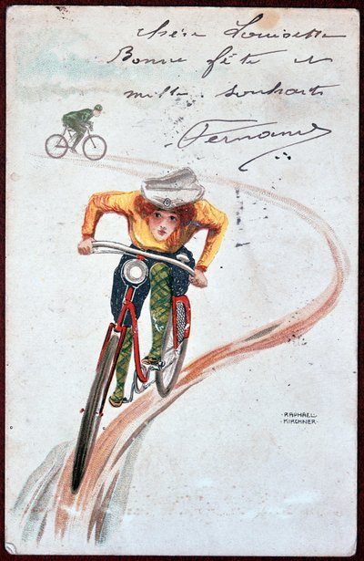 Pocztówka przedstawiająca kobietę na rowerze - rysunek R. Kirchnera, ok. 1930 r. 1900. autorstwa Raphael Kirchner