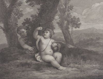 Niemowlę Bachus siedzące pod drzewem, trzymające kieliszek wina, a za nim inne niemowlę..., 1780 autorstwa Raphael Morghen