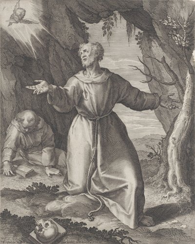 Św. Franciszek klęczący z rozpostartymi ramionami, patrzący w stronę cherubinka w lewym górnym rogu..., 1599. autorstwa Raphael Sadeler