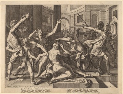 Dalila obcina włosy Samsonowi autorstwa Raphael Sadeler I after Joos van Winghe