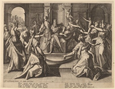 Salomon doprowadzony do bałwochwalstwa przez swoje żony autorstwa Raphael Sadeler I after Joos van Winghe