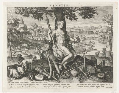 Diana jako patronka polowania Venatio (tytuł na obiekcie) Główne działania księcia (tytuł serii) Schemat, seu speculum principum (tytuł serii) autorstwa Raphaël Sadeler (I)