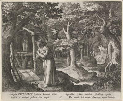 Święty Patroklos z Neris jako pustelnik Cnotliwe życie pustelników (tytuł serii) Trophaeum vitae solitariae (tytuł serii) autorstwa Raphaël Sadeler (I)