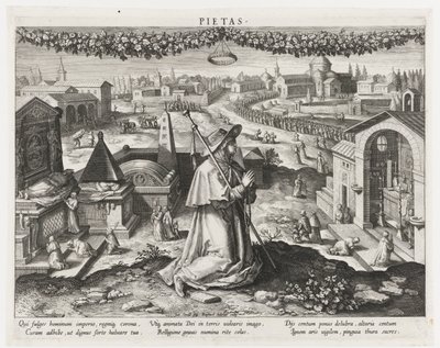 Pietas jako uosobienie pobożności Piety (tytuł na obiekcie) Główne działania księcia (tytuł serii) Schemat, seu speculum principum (tytuł serii) autorstwa Raphaël Sadeler (I)
