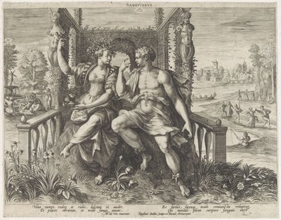 Sanguinisch temperament Sanguineus (tytuł na obiekcie) Vier temperamenten (tytuł serii) autorstwa Raphaël Sadeler (I)