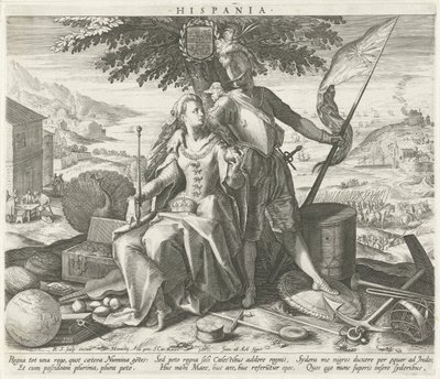 Hiszpania z Juno i Mars Hispania (tytuł na obiekcie) Alegoryczne przedstawienia krajów europejskich (tytuł serii) autorstwa Raphaël Sadeler (I)