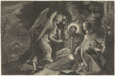 Chrystus jest pocieszany w Getsemani przez anioła, św. Dominika i św. Katarzynę ze Sieny Lustro posłuszeństwa Perfectissimvm Obedientiae Specvlvm (tytuł na obiekcie) Zwierciadła posłuszeństwa, czystości i ubóstwa (tytuł serii) autorstwa Raphaël Sadeler (II)
