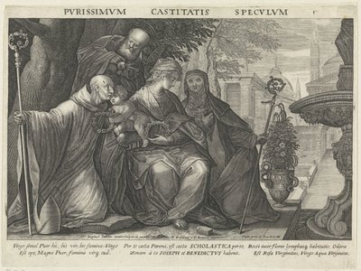 Święta Rodzina ze św. Benedyktem i św. Scholastyką Lustro czystości Pvrissimvm Castitatis Specvlvm (tytuł na obiekcie) Zwierciadła posłuszeństwa, czystości i ubóstwa (tytuł serii) autorstwa Raphaël Sadeler (II)