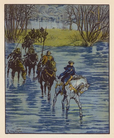 Chevauchee De Jeanne Pour Aller Trouver Charles VII A Chinon (kolorowa litografia) autorstwa Raymond de la Neziere
