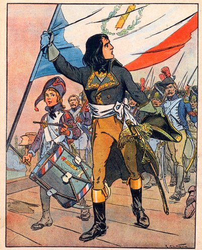 Pierwsza kampania włoska: Napoleon Bonaparte (1769-1821) w bitwie przy moście Arcole, listopad 1796 r." zaczerpnięte z "Nos-Gloires-Nationales" ok. 1920 r. (rycina). autorstwa Raymond de la Neziere