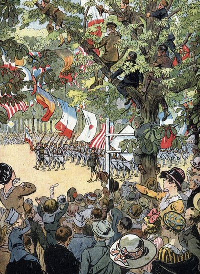 Pierwsza wojna światowa: defilada zwycięstwa na Avenue des Champs-Elysees w Paryżu 14/07/1919: Żołnierze francuskiej marynarki wojennej podziwiani przez tłum paryżan - (I wojna światowa: defilada zwycięstwa na al. Champs Elysees autorstwa Raymond de la Neziere