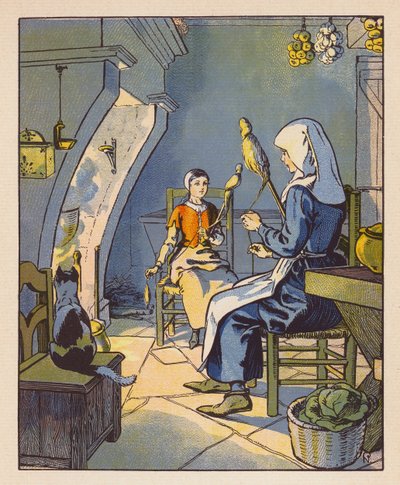 Jeanne A Domremy Avec Sa Mere (kolorowa litografia) autorstwa Raymond de la Neziere