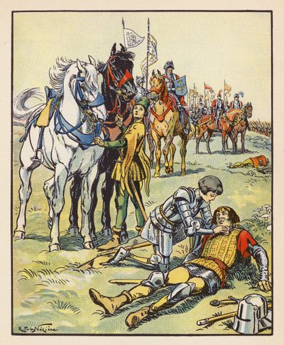 Jeanne opiekuje się rannym Anglikiem po bitwie pod Patay (kolorowa litografia) autorstwa Raymond de la Neziere