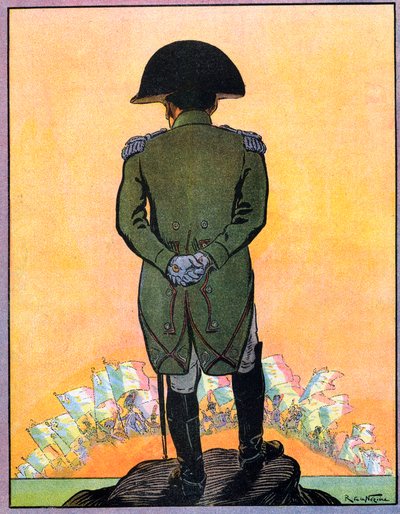 Portret Napoleona I (1769-1821) na wyspie Świętej Heleny. Napoleon I na wyspie Świętej Heleny (Sainte-Helene) z "Nos-Gloires-Nationales" ok. 1920 r. (rycina) autorstwa Raymond de la Neziere