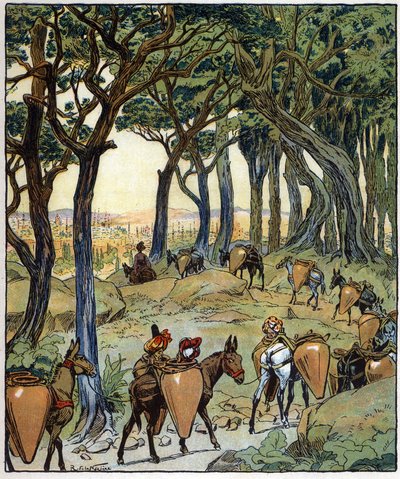 Cała karawana udała się w drogę do miasta: ilustracja do baśni "Aladyn albo cudowna lampa" w "Arabskich nocach". autorstwa Raymond de la Neziere