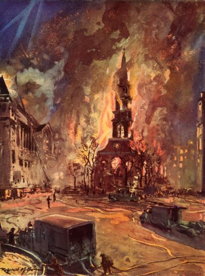 St Clement Danes Church, Strand, Londyn, płonący podczas Blitz, II wojny światowej autorstwa Reginald Mills