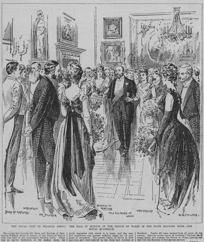 Taniec Royal Quadrille na balu wydanym na cześć księcia Walii w salonie państwowym w Welbeck Abbey, Nottinghamshire autorstwa Reginald Thomas Cleaver