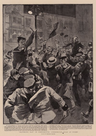 "Dzień Mafeking" w Portsmouth, Commercial Road nocą (litografia) autorstwa Reginald Thomas Cleaver