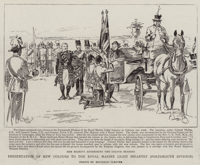 Prezentacja nowych barw dla Królewskiej Lekkiej Piechoty Morskiej, Dywizja Portsmouth (litografia) autorstwa Reginald Thomas Cleaver