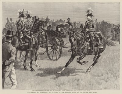Królowa Wiktoria w punkcie salutowania podczas przeglądu w zeszłym tygodniu (grawerunek) autorstwa Reginald Thomas Cleaver