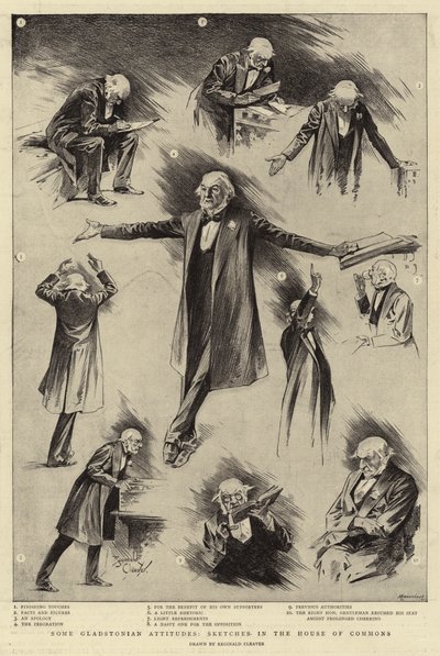 Niektóre postawy Gladstona, szkice w Izbie Gmin (rycina) autorstwa Reginald Thomas Cleaver