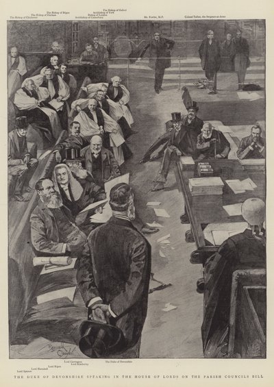 Książę Devonshire przemawiający w Izbie Lordów na temat ustawy o radach parafialnych (grawerunek) autorstwa Reginald Thomas Cleaver