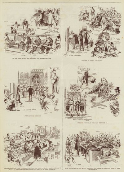 Sesja dotycząca rządów wewnętrznych, kilka szkiców "Daily Graphic" w parlamencie (rycina) autorstwa Reginald Thomas Cleaver