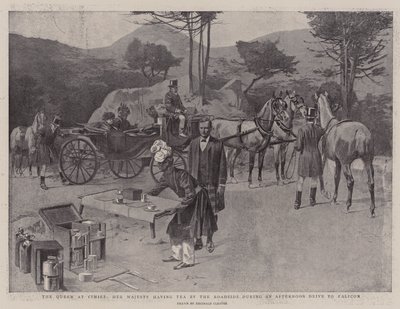Królowa w Cimiez, Jej Wysokość pijąca herbatę przy drodze podczas popołudniowej przejażdżki do Falicon (litografia) autorstwa Reginald Thomas Cleaver