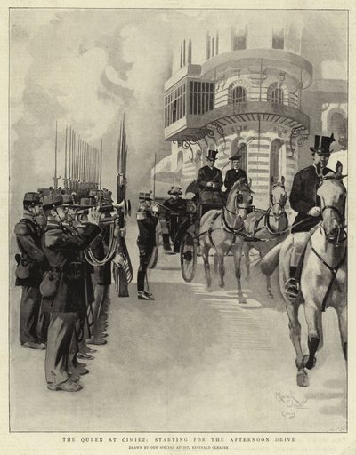 Królowa w Cimiez, rozpoczynająca popołudniową przejażdżkę (litografia) autorstwa Reginald Thomas Cleaver