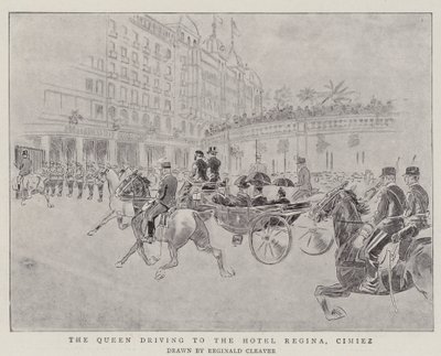 Królowa jadąca do hotelu Regina, Cimiez (grawerunek) autorstwa Reginald Thomas Cleaver