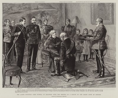 Królowa inwestująca Lorda Russella z Killowen z insygniami Rycerza Wielkiego Krzyża w Osborne (rycina) autorstwa Reginald Thomas Cleaver