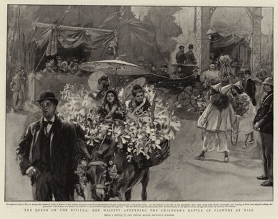 Królowa na Riwierze, Jej Wysokość biorąca udział w Dziecięcej Bitwie Kwiatów w Nicei (litografia) autorstwa Reginald Thomas Cleaver