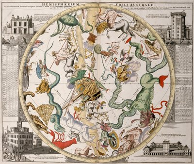 Część mapy gwiezdnej półkuli południowej z Atlas Maior Reinera Ottensa (1730), z obserwatorium Greenwich (po lewej) i obserwatorium Round Tower w Kopenhadze (po prawej). autorstwa Reinier Ottens