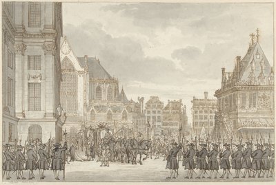 Przybycie księcia Wilhelma V i Fryderyki Sophii Wilhelminy z Prus do ratusza na placu Dam w Amsterdamie, 30 maja 1768 autorstwa Reinier Vinkeles (I)