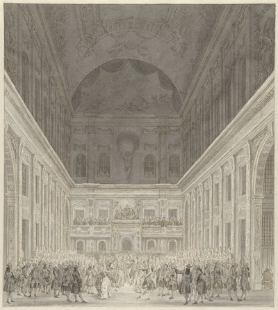 Bal w Sali Obywatelskiej Ratusza Amsterdamskiego na cześć wizyty księcia Wilhelma V i Wilhelminy Pruskiej, czerwiec 1768 autorstwa Reinier Vinkeles (I)