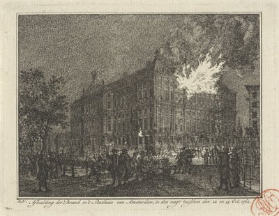 Pożar w ratuszu w Amsterdamie, 1762 Przedstawienie ognia w ratuszu w Amsterdamie, w nocy z 12 na 13 października: 1762 (tytuł na obiekcie) autorstwa Reinier Vinkeles (I)