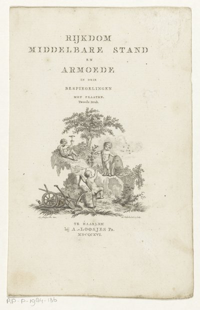 Trzy putta z atrybutami w górskim krajobrazie Strona tytułowa: Adrian Pietersz. Loosjes, Bogactwo klasy średniej i ubóstwo w trzech refleksjach, 1816 autorstwa Reinier Vinkeles (I)